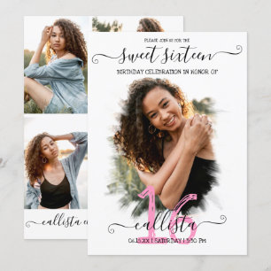 Schwarz Pink White Halo Foto Collage Sweet 16 Einladung