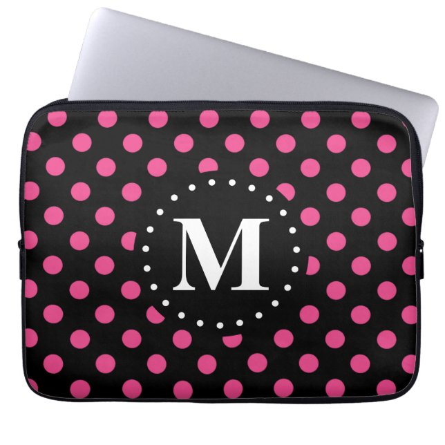 Schwarz-Polka-Dosen-Monogramm Laptopschutzhülle (Vorderseite)