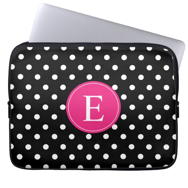 Schwarz-Polka-Dot-Rosa-Monogramm Laptopschutzhülle (Vorderseite)