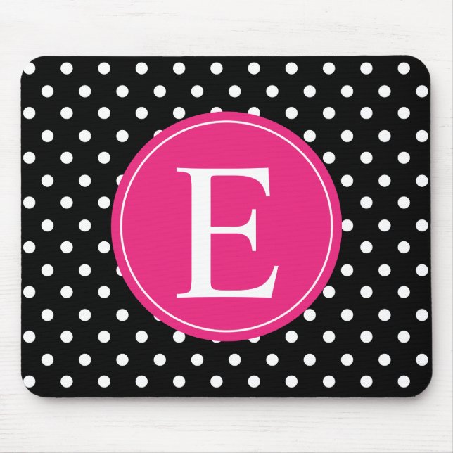 Schwarz-Polka-Dot-Rosa-Monogramm Mousepad (Vorne)