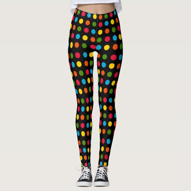 Schwarz | Red Blue Green Yellow Orange Polka Dot Leggings (Vorderseite)
