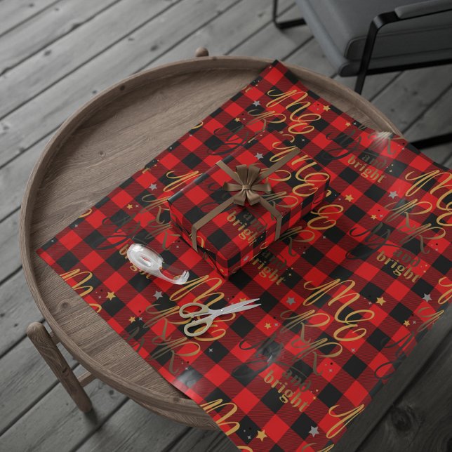 Schwarz Red Buffalo Kariert Merry und Bright Geschenkpapier (merry and bright buffalo red and black tartan wrapping paper)
