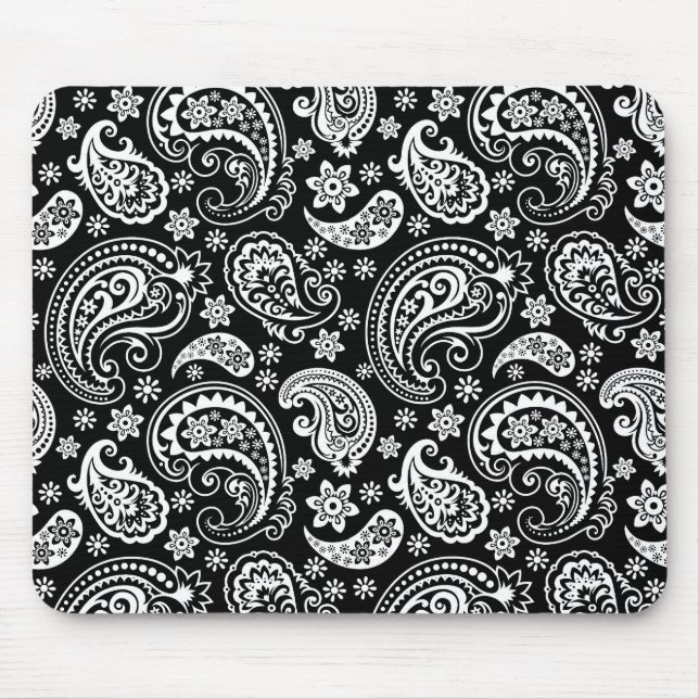 Schwarz-Retro-Verziert-Paisley-Design Mousepad (Vorne)