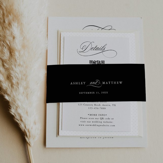 Schwarz-Romantische Kalligrafie-Hochzeit Einladungsbanderole (Von Creator hochgeladen)