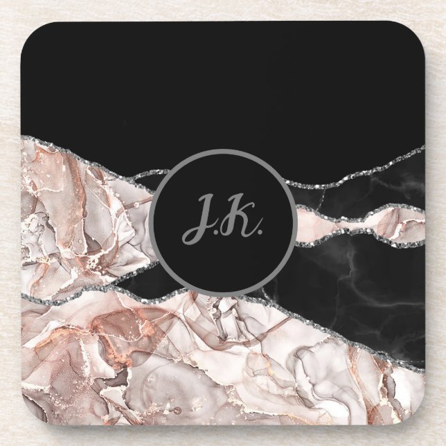 Schwarz Rosa Beruflich Marble Agate Glam Initial Getränkeuntersetzer (Vorderseite)