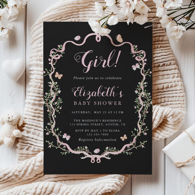 Schwarz-Rosa-Blossom-Bläschen-Girl-Babydusche Einladung (Von Creator hochgeladen)