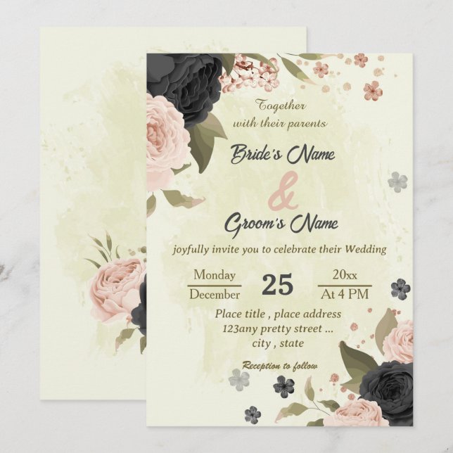 Schwarz Rosa Blume botanische Hochzeit Einladung (Vorne/Hinten)