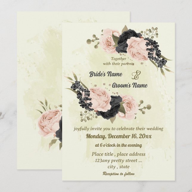 Schwarz Rosa Blume botanische Hochzeit Einladung (Vorne/Hinten)