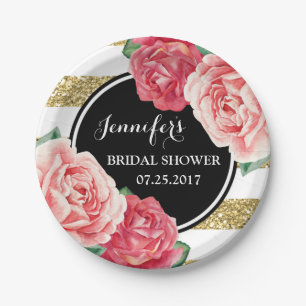 Schwarz-Rosa-Blume Brautparty Plate Pappteller