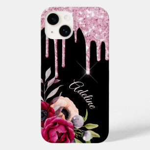 Schwarz-Rosa-Blume Glitzer Tropfen Name Case-Mate iPhone 14 Hülle