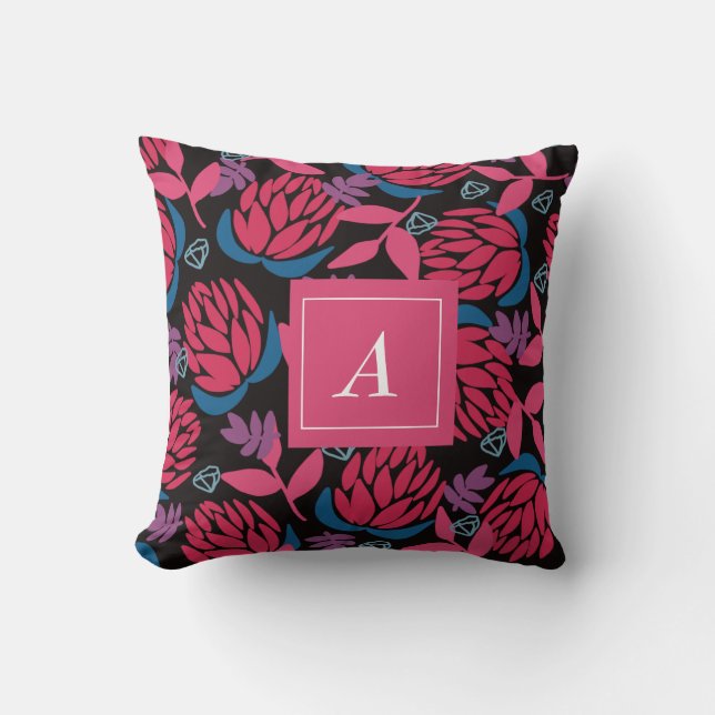 Schwarz-Rosa-Blume in Monogramm Kissen (Vorderseite)