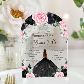 Schwarz Rosa Blume Kleid Silver Quinceanera Acryleinladungen