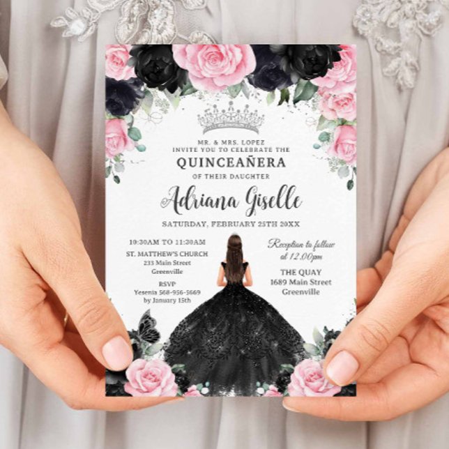 Schwarz Rosa Blume Kleid Silver Quinceanera Einladung (black and pink roses floral girl in black dress quinceanera sweet 16 birthday invitation download)