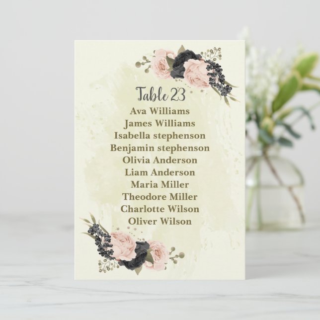 Schwarz-Rosa-Blume Sitzkarte Einladung (Stehend Vorderseite)