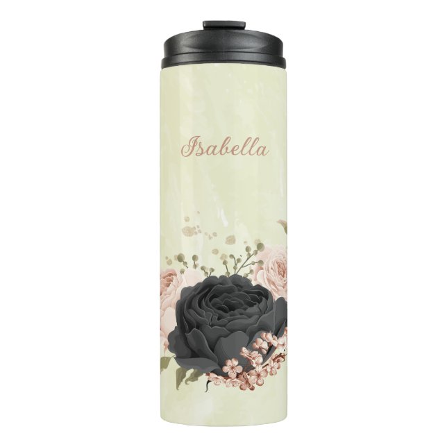 Schwarz-Rosa-Blume Thermosbecher (Vorderseite)