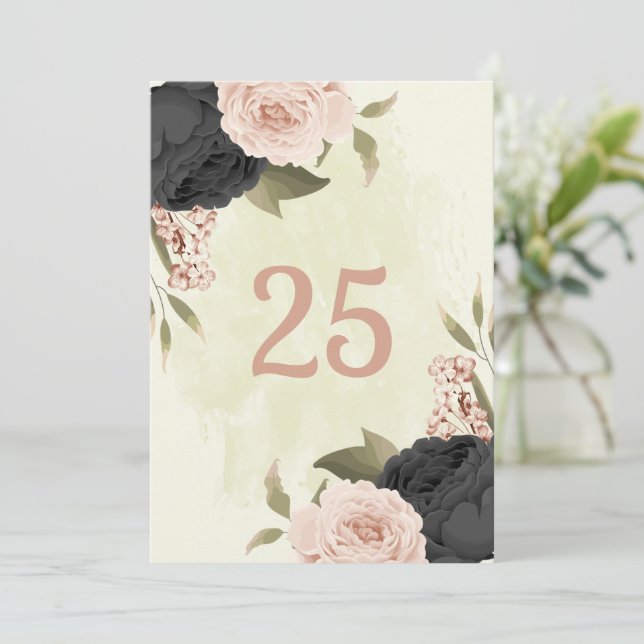 Schwarz-Rosa-Blume-Tischnummer Einladung (Stehend Vorderseite)