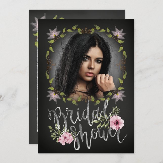 Schwarz-Rosa-Blüten Einzigartiges Foto Brautparty Einladung (Vorne/Hinten)