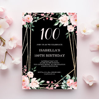 Schwarz | Rosa Blütenfarben, 100. Geburtstag Einladung