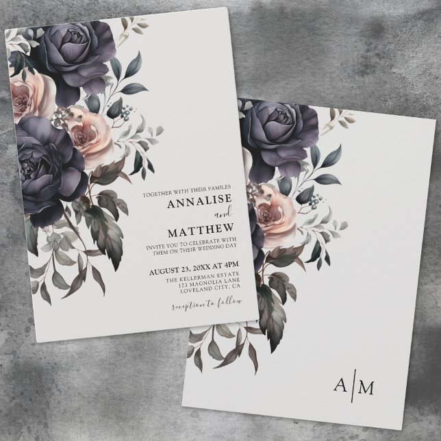 Schwarz-Rosa-Blütenhochzeit Einladung (Dark Gothic Fall Floral Wedding Invitation)