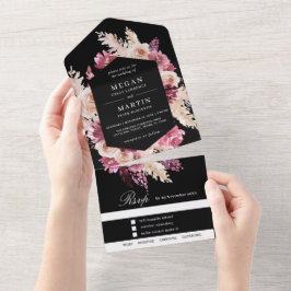 Schwarz, rosa Boho Hochzeit alles in einer Einladu All In One Einladung