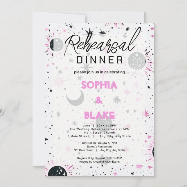 Schwarz-Rosa-Celestial Hochzeit Probe Dinner Einladung (Vorderseite)