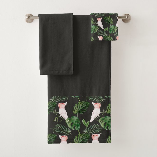 Schwarz-Rosa Cockatiel Grüne Palme Blätter Badhandtuch Set (Insitu)