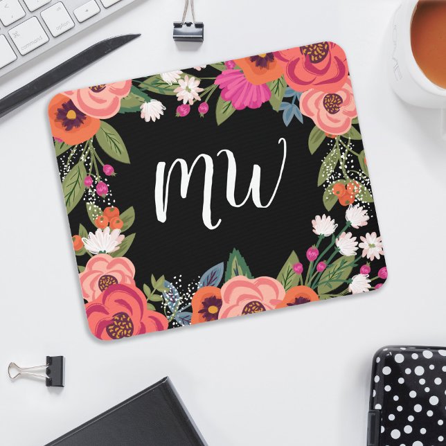 Schwarz-Rosa Coral Boho Blume Rahmen Mit Monogramm Mousepad (Von Creator hochgeladen)