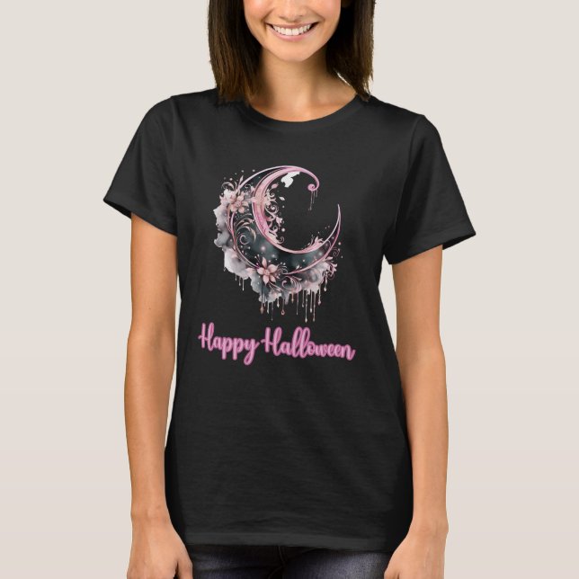 Schwarz-Rosa Crescent Moon Black Happy Halloween T-Shirt (Vorderseite)