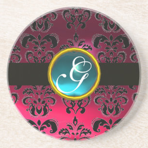 SCHWARZ-ROSA DAMAST  Blaue Aquamarine-Monogramm Sandstein Untersetzer
