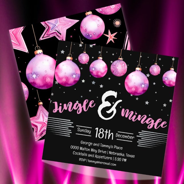 Schwarz-Rosa Dramatische Weihnachtsschmuck Jingle Einladung (Hot pink and a lot of drama for your Jingle and Mingle holiday party. Fully customizable )