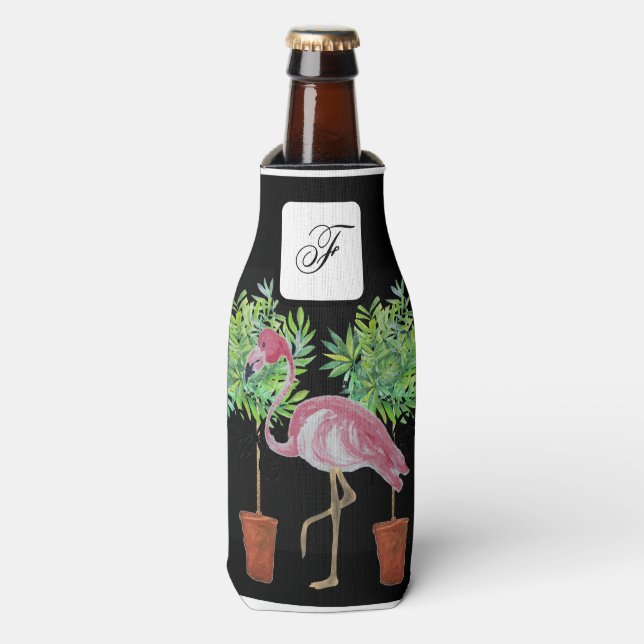 Schwarz-Rosa Flamingos kann Flasche Cooler Flaschenkühler (Flaschenvorderseite)