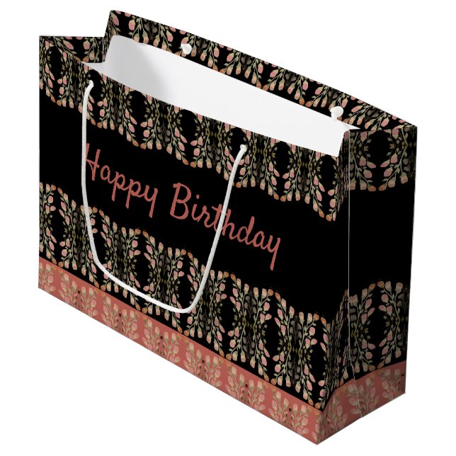 Schwarz-Rosa-Flora Geburtstag Große Geschenktüte (Vorderseite Schrägansicht)