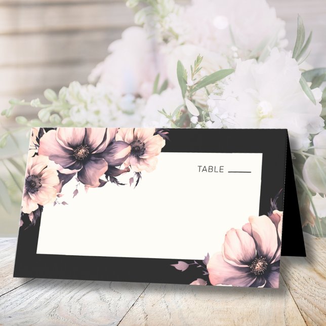 Schwarz-Rosa-Flora-Hochzeit Platzkarte (Black Pink Floral Wedding Place Card)