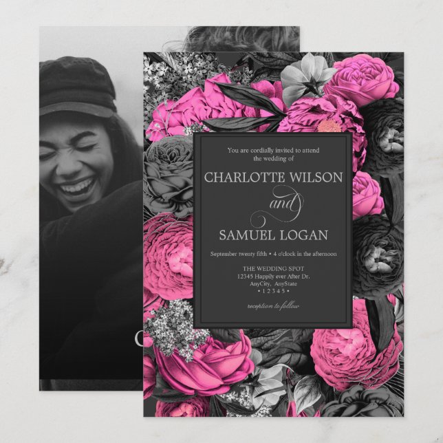 Schwarz-Rosa-Flora | Schwarz-Weiß-Foto-Hochzeit Einladung (Vorne/Hinten)