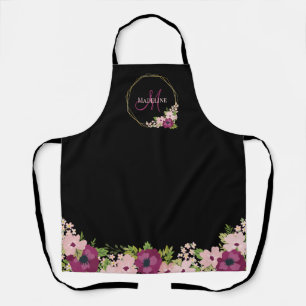 Schwarz-Rosa-Floral Geometrisches Monogramm Schürze