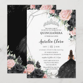 Schwarz Rosa Floral Prinzessin Silver Quinceañera Einladung