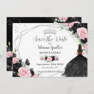 Schwarz Rosa Floral Prinzessin Silver Quinceañera Save The Date