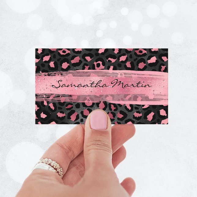 Schwarz-Rosa Forelle Leopard Spot Pinselstriche Visitenkarte (Black and Pink Foil Leopard Spot Brush Stroke Business Card)