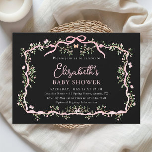 Schwarz-Rosa-Frühling Floral Frame Baby Dusche Einladung
