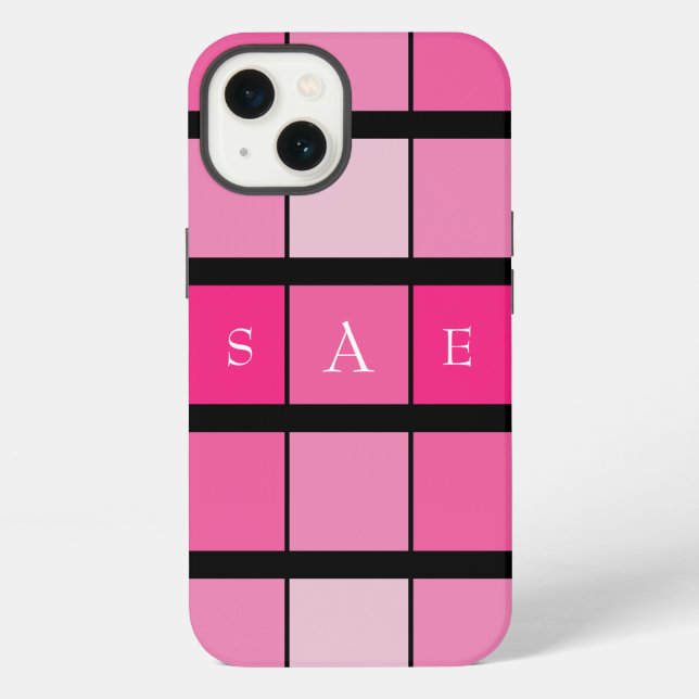 Schwarz-rosa geometrisches Monogramm iPhone Hülle (Rückseite)