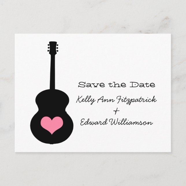 Schwarz/Rosa Gitarrenherz Save the Date Postkarte (Vorderseite)