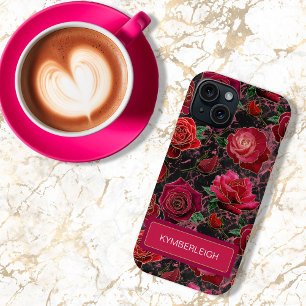 Schwarz-Rosa-Glam-Rose Marmormonogramm-Name Case-Mate iPhone Hülle