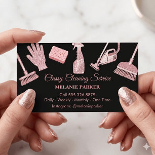 Schwarz & Rosa Glitter Klasse Reinigungsdienstleis Visitenkarte