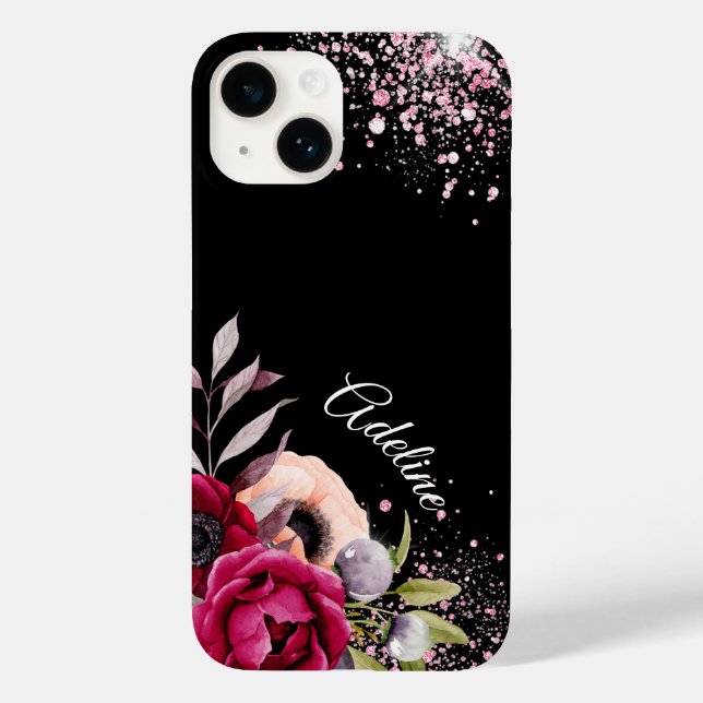 Schwarz-Rosa-Glitzer-Blume Bordeaux-Monogramm Case-Mate iPhone Hülle (Rückseite)