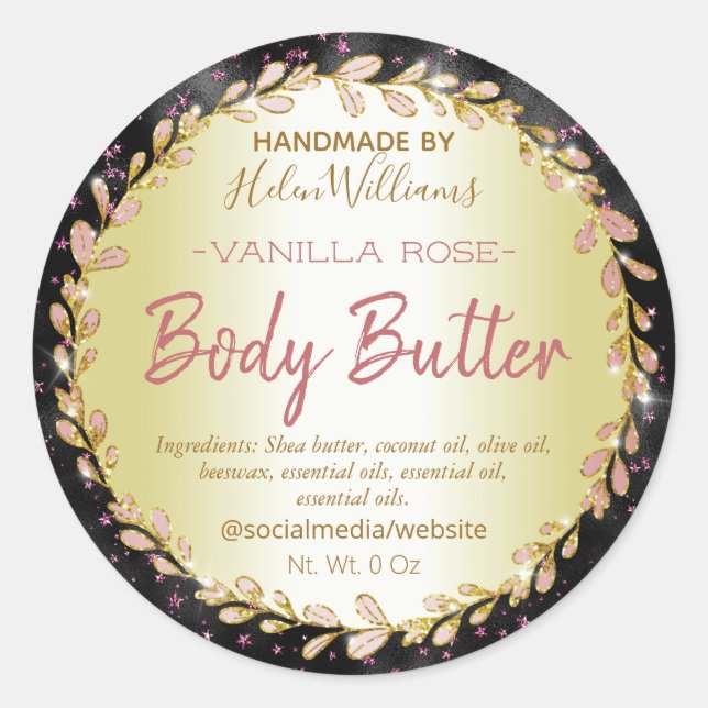 Schwarz-Rosa-Glitzern Gold-Body-Butter-Etiketten Runder Aufkleber (Vorderseite)
