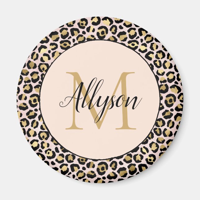 Schwarz-Rosa-Gold-Leopard-Printmonogramm Magnet (Vorne)