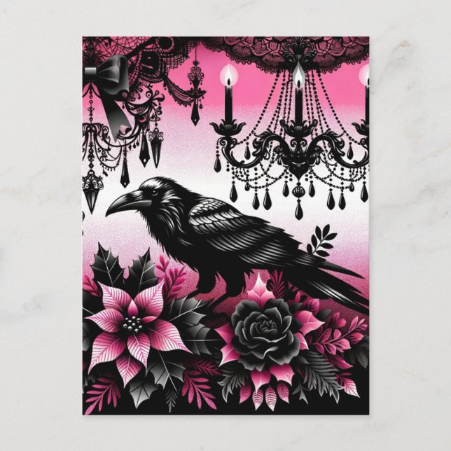 Schwarz-Rosa Gotische Weihnachtsraven und Blume Postkarte (Vorderseite)