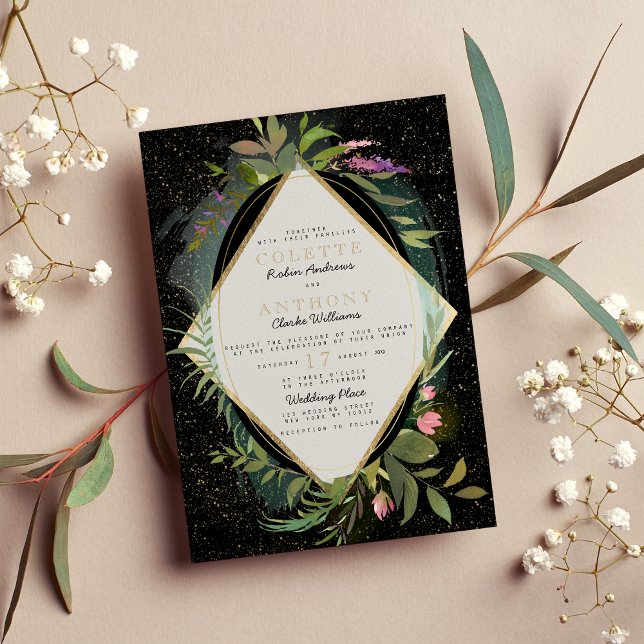 Schwarz-Rosa-grüne Imitate Goldfisch-Blütenhochzei Einladung (Black pink green faux gold confetti floral Wedding )