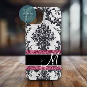Schwarz-Rosa-Grunge Damask-Muster Monogramm iPhone 15 Mini Hülle