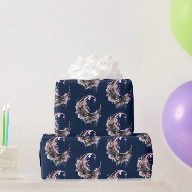 Schwarz-Rosa-Halbmond-Muster Halloween Geschenkpapier (Partygeschenke)